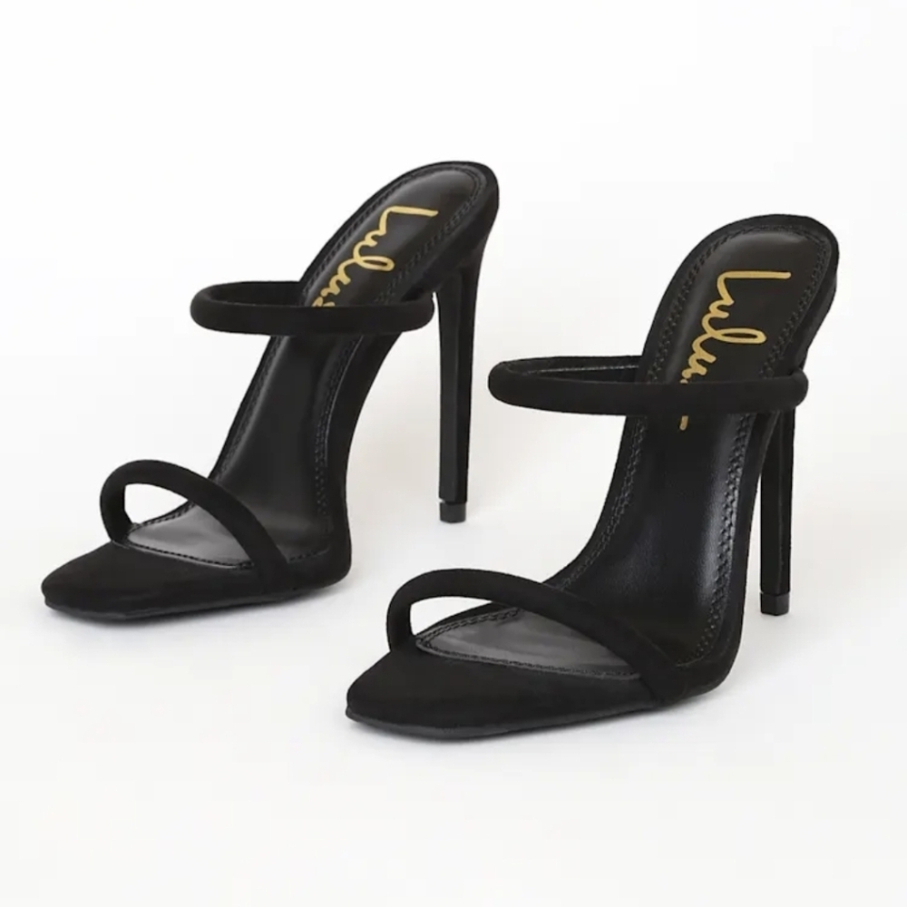 NIB Lulus Theyaa Black Suede Square Toe High Heel Sandal